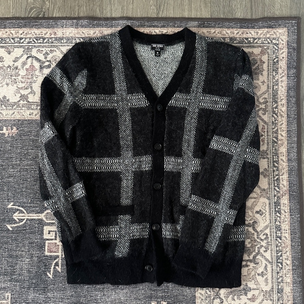 Todd Snyder Black and Gray Cardigan Sweater with Geometric Design